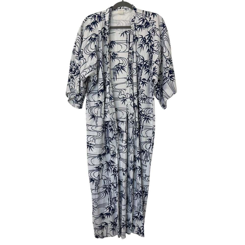 VTG Japanese Yukata Kimono Robe White Navy Bamboo Crane Print Maxi Cotton - Picture 2 of 5